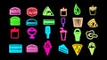 Neon bright glowing multicolored set of 15 icons of delicious food and snacks items for restaurant bar cafe: burger, pizza, ice