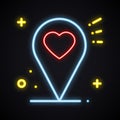 Neon bright location sign on dark background. Map pin pointer symbol. Navigation. Glowing heart shape.