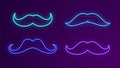 Neon bright signboards. Blue light mustache. Glow male symbol for bar, dance club, shop. Electric outside banner vector