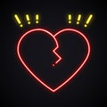 Neon broken heart sign. Light divorce symbol. Heartbreak, treachery, breakup bright theme.