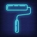 Neon brush roller for paint renovation house icon toolkit, concept brush repair building art line flat vector illustration, Royalty Free Stock Photo