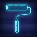 Neon brush roller for paint renovation house icon toolkit, concept brush repair building art line flat vector illustration,