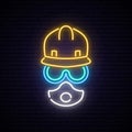 Neon builder sign. Man in helmet, respirator and goggles.