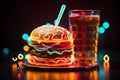 Neon burger and drink cup illuminate message frame, symbolizing delectable cravings.
