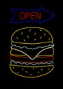 Neon burger sign. Photo of glowing colorful LED neon light sign of hamburger restaurant logo with text `open` on the arrow. Royalty Free Stock Photo