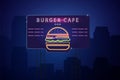 Neon burger Vector poster. Glowing sign dark city background. Fastfood light billboard symbol. Cafe menu items Royalty Free Stock Photo