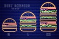 Neon burgers set of different sizes Vector poster. Glowing Fastfood light billboard symbol. Cafe menu templates Royalty Free Stock Photo