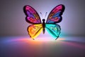 Neon butterfly on light background, glowing shining, colorful aura, background, butterfly backdrop