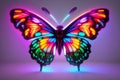 Neon butterfly on Purple background, glowing shining, colorful aura, background, butterfly backdrop