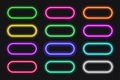 Neon button frames pill set. Glowing coloful rounded rectangle border. Geometric shape action UI elements with copy Royalty Free Stock Photo