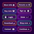 Neon buttons. Glow enter shop web badges. Click lighting frames for site. Modern glowing internet website button. Login Royalty Free Stock Photo