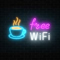 Neon cafe signboard with free wifi zone. Hot coffee cup and advertising lettering glowing sign.