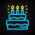 Neon cake sign with candles. Light sweets pie dessert. Glowing happy birthday bright symbol.