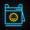 Neon calendar with smile sign. Glowing reminder. Dating, date theme.