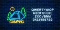 Neon camping sign with spruce and tent. Glowing web banner for camping, nature tourism with alphabet in neon style.