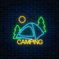 Neon camping sign with spruce and tent. Glowing web banner for summer camp, camping, nature tourism