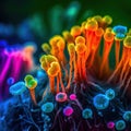Neon Candida Auris Fungus Close-Up Under Microscope. Medical Research and Education.