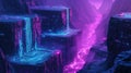 Neon canyon with glowing circuit patterns and digital mist above a synthetic data river Royalty Free Stock Photo