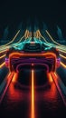 A neon car driving down a road at night. Generative AI image. Royalty Free Stock Photo