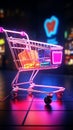 Neon cart icon gleams, representing effortless shopping in dynamic urban environments.