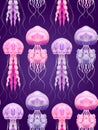 Neon cartoon pattern fluorescent jellyfish on a purple background. Underwater sea world. Ocean dwellers. Vector texture