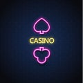 Vector neon casino poker card suit sign brick wall