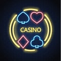 Vector neon casino poker card suit sign brick wall