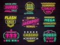 Neon casino signs. Realistic glowing emblems. Gambling light signage. Jackpot and winning bets. Poker game. Sale Royalty Free Stock Photo
