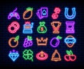 Neon casino slot icons. Light machine objects. Fruits and fortune symbols. Luminous cherry and star. Luck bar signs on