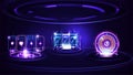 Neon Casino slot machine, Casino Roulette wheel, playing cards and hologram of digital rings in dark empty scene Royalty Free Stock Photo