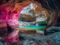 Neon cave entrance beckoning viewer to explore