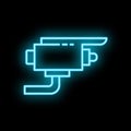 Neon cctv camera icon glowing on dark background Royalty Free Stock Photo