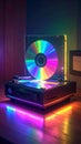 Neon CD Player with Rainbow Disc and Colorful Lights Royalty Free Stock Photo