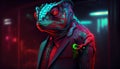 neon chameleon wearing suit, digital art illustration, Generative AI Royalty Free Stock Photo