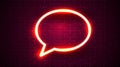 Neon chat bubble sign on dark brick wall background. Las Vegas concept.