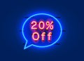 Neon chat frame 20 off text banner. Night Sign board