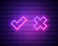 Neon check mark and cross on brick wall. Pink tick and decline symbol isolated on brick wall. Accept and reject. Right