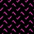 Neon checkmark seamless pattern with pink icons on black background. Tick, vote, choice, test or examination concept