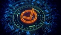 Neon checkmark symbol within a digital circuit backdrop. 3D Rendering