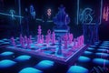 neon chess match in futuristic landscape, with hovercars and flying robots in the background