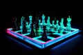 neon chess set in motion, with pieces moving and making their moves