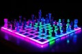 neon chess set in motion, with pieces moving and making their moves