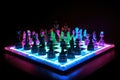 neon chess set in motion, with pieces moving and making their moves