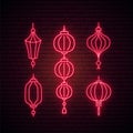 Neon Chinese lanterns set on brick background.