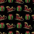 Neon Christmas seamless pattern with icons of Santas sleigh and gift boxes on black background. Cristmas, Boxing Day Royalty Free Stock Photo