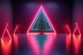 Neon Christmas tree centered within glowing triangular light frames creating a vibrant and futuristic holiday display with bold