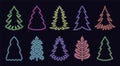 Neon christmas tree holiday banner sign flat set