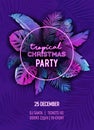 Neon Christmas Tropic Party Poster, New Year Vector Summer Holiday Flyer, Disco monstera palm leaves design Royalty Free Stock Photo