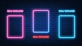 Neon Cinema mockup sign. glowing color neon square. shining led or halogen lamps frame banners. on brick wall vector set Royalty Free Stock Photo