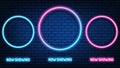 Neon Cinema mockup sign. glowing color neon square. shining led or halogen lamps frame banners. on brick wall vector set Royalty Free Stock Photo